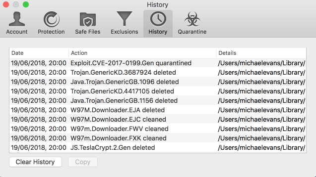 The first run of Bitdefender identified and eliminated a dozen of so nasty files, all of them in spam email. Some of them were on backup discs which Bitdefender also checks
